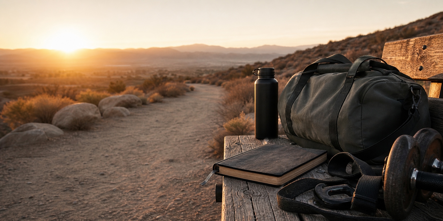 A gym bag, training journal, water bottle, and dumbbell on a desert path at sunrise